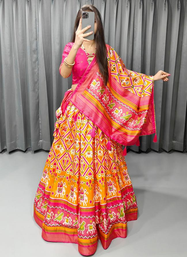 Tussar Silk Orange Traditional Wear Printed Lehenga Choli